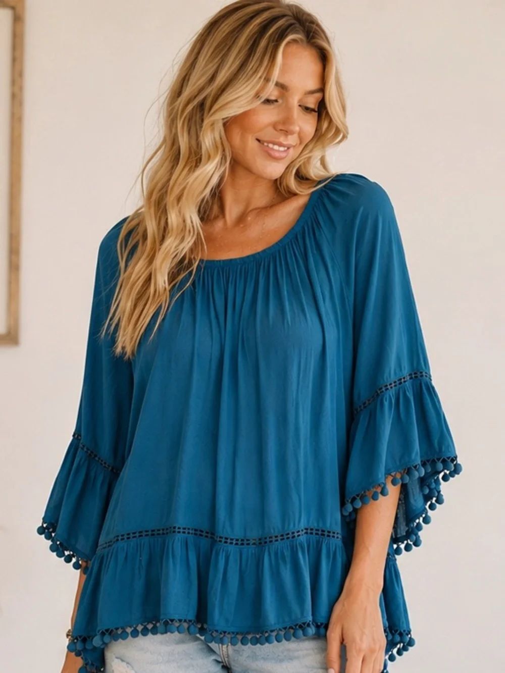 Fever Teal Peasant Blouse with Pom Trim